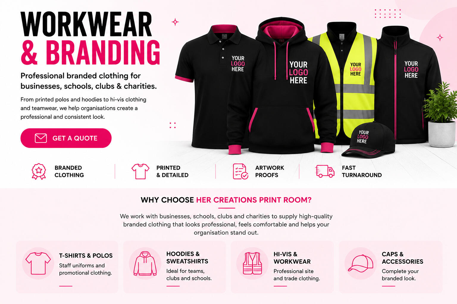 Professional branded workwear page featuring printed polos, hoodies, T-shirts and teamwear for businesses, schools, clubs and charities.