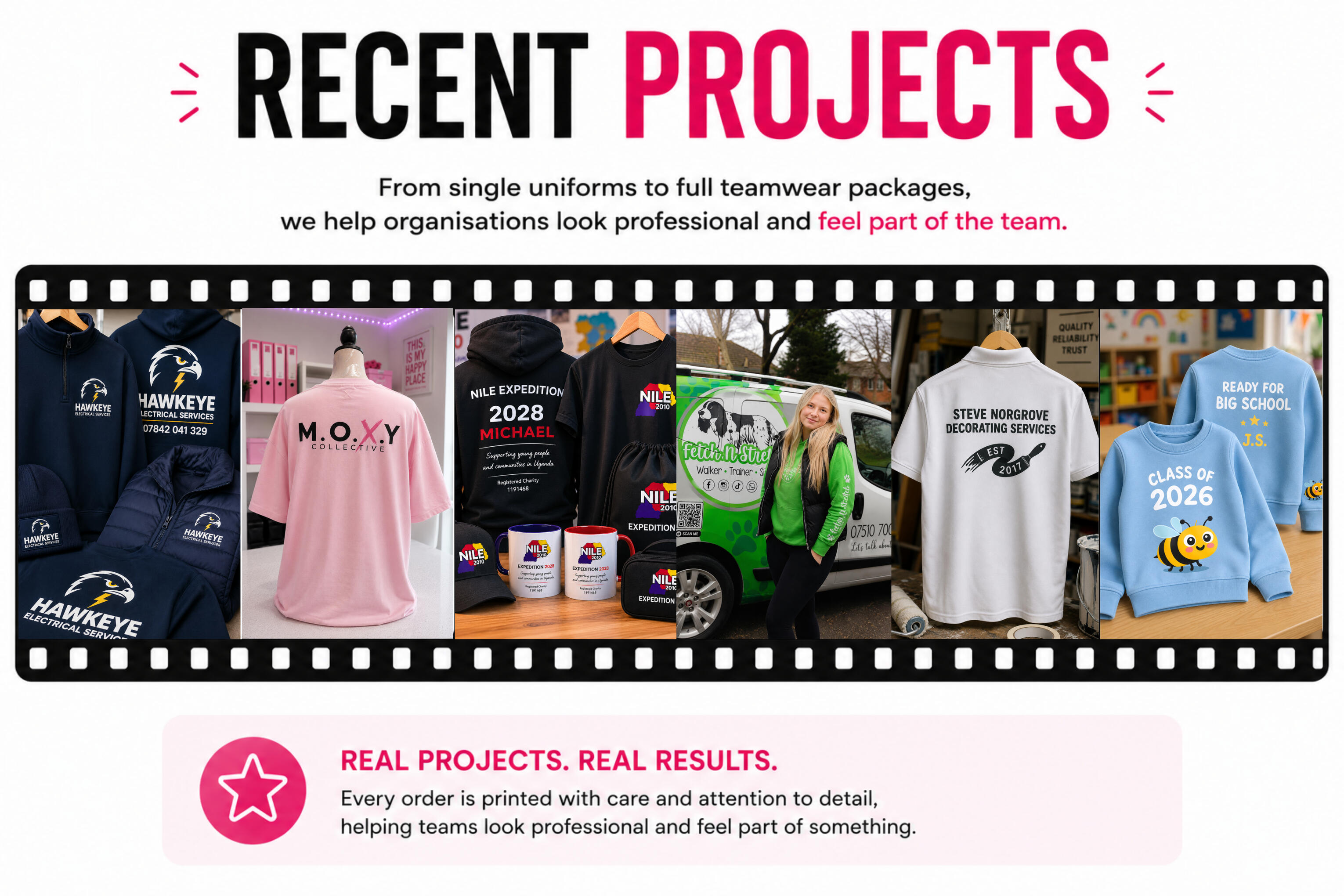 Recent workwear projects showcasing branded clothing, teamwear, uniforms, leavers hoodies and apparel produced for businesses, schools, clubs and charities.